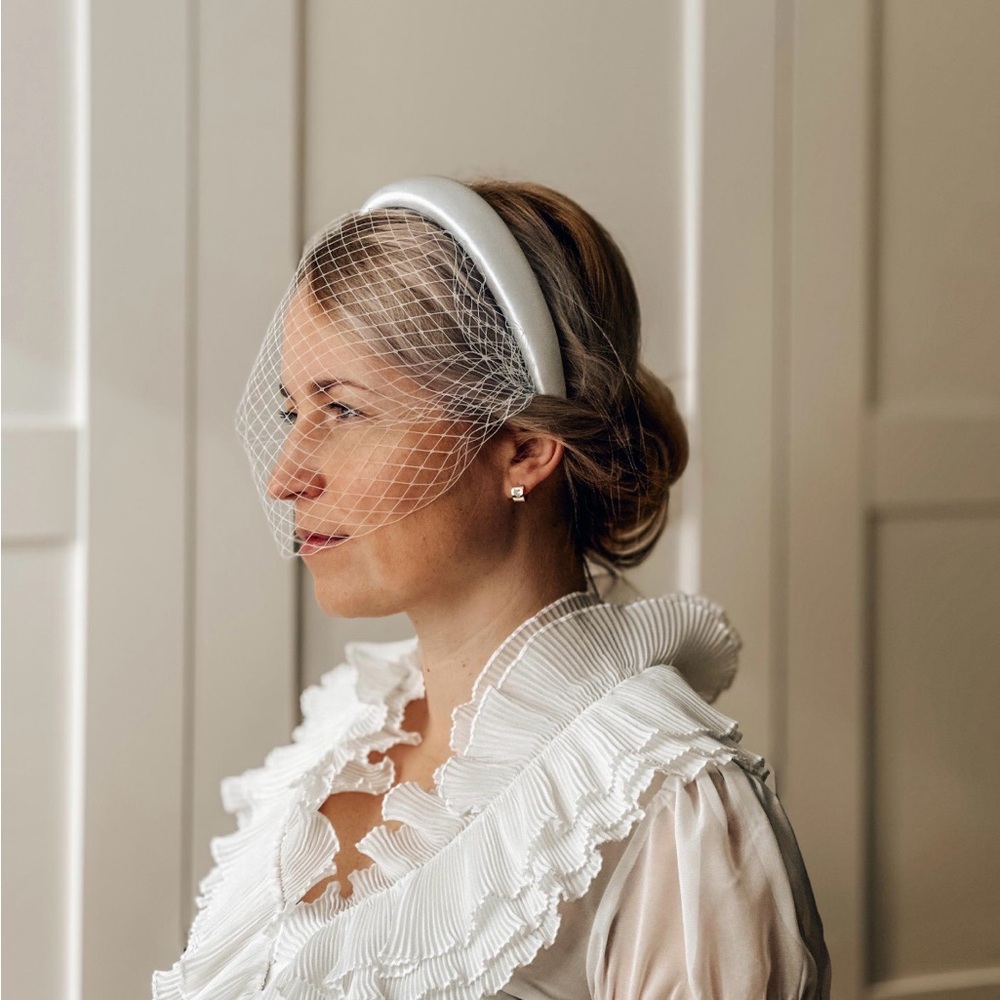 White Satin Headband with Birdcage Veil - Picture 2 of 7